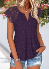 Purple Curved Hem Short Sleeve Split Neck T Shirt | thumb picture 