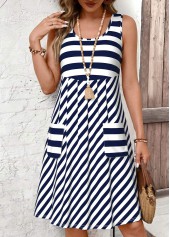 Blue Striped Tummy Coverage Sleeveless Round Neck Dress