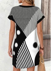 Black Geometric Print Short Contrast Piping Split Neck Dress | thumb picture 