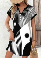 Black Geometric Print Short Contrast Piping Split Neck Dress
