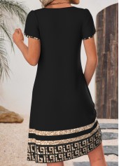Black Tribal Print Short Tuck Stitch Split Neck Dress | thumb picture 
