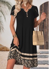 Black Tribal Print Short Tuck Stitch Split Neck Dress | thumb picture 