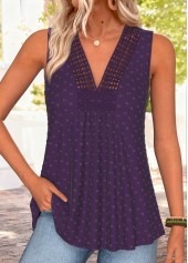 Purple Shirred Sleeveless V Neck Tank Top