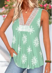 Green Tribal Print Shirred Sleeveless V Neck Tank Top | thumb picture 
