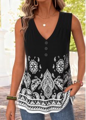 Black Tribal Print Curved Hem Sleeveless Tank Top