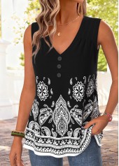 Black Tribal Print Curved Hem Sleeveless Tank Top | thumb picture 