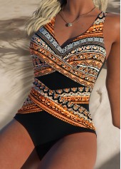 Black Surplice Tribal Print One Piece Swimwear