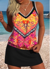Orange Mid Waisted Blouson Tribal Print Tankini Set