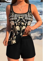 Black Mid Waisted Tribal Print Tankini Set