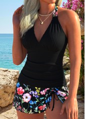 Black Mid Waisted Drawstring Floral Print Tankini Set | thumb picture 