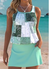 Sage Green Mid Waisted Ruched Tribal Print Tankini Set