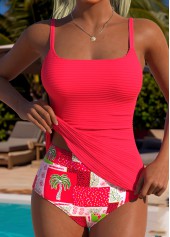 Coral Mid Waisted Wrap Tropical Plants Print Tankini Set