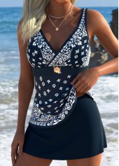 Navy Mid Waisted Tribal Print Tankini Set
