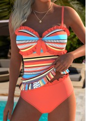 Orange Mid Waisted Frill Multi Stripe Print Tankini Set