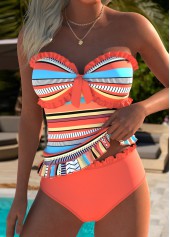 Orange Mid Waisted Frill Multi Stripe Print Tankini Set | thumb picture 