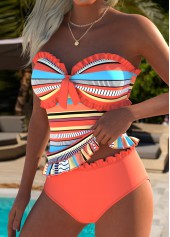 Orange Mid Waisted Frill Multi Stripe Print Tankini Set | thumb picture 