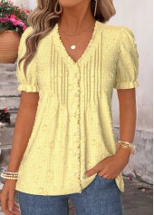 Yellow Frill Short Sleeve V Neck T Shirt