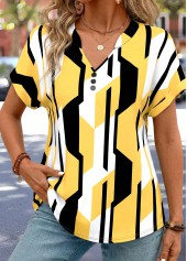 Yellow Geometric Print Split Short Sleeve T Shirt