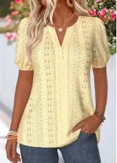 Light Yellow Curved Hem Short Sleeve Split Neck Blouse