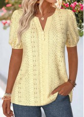 Light Yellow Curved Hem Short Sleeve Split Neck Blouse | thumb picture 