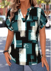 Turquoise Geometric Print Tummy Coverage Short Sleeve Blouse