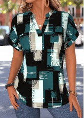 Turquoise Geometric Print Tummy Coverage Short Sleeve Blouse | thumb picture 