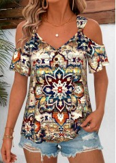 Multi Color Tribal Print Twist Short Sleeve T Shirt