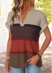 Multi Color Striped Short Sleeve Split Neck T Shirt | thumb picture 