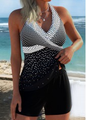 Black Mid Waisted Surplice Polka Dot Tankini Set | thumb picture 