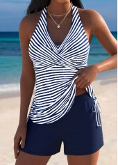 Navy Mid Waisted Surplice Striped Tankini Set