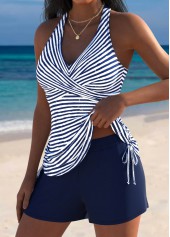 Navy Mid Waisted Surplice Striped Tankini Set | thumb picture 