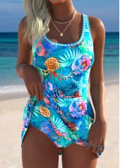 Cyan Curved Hem Marine Life Print One Piece Swimdress