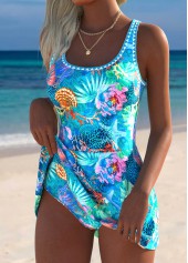 Cyan Curved Hem Marine Life Print One Piece Swimdress | thumb picture 
