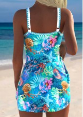 Cyan Curved Hem Marine Life Print One Piece Swimdress | thumb picture 