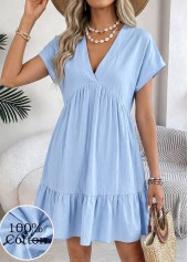 Light Blue Short Shirred V Neck Dress