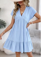 Light Blue Short Shirred V Neck Dress | thumb picture 