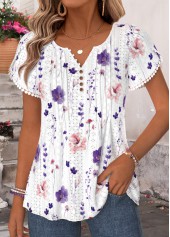 Pink Floral Print Curved Hem Short Sleeve T Shirt