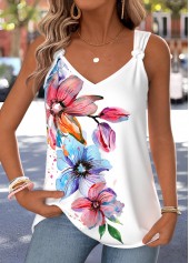 White Floral Print Tie Strappy V Neck Tank Top