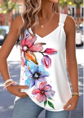 White Floral Print Tie Strappy V Neck Tank Top | thumb picture 