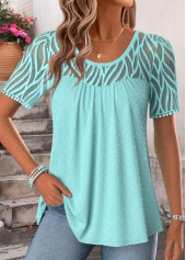 Cyan Patchwork Short Sleeve Scoop Neck T Shirt | thumb picture 
