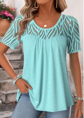 Cyan Patchwork Short Sleeve Scoop Neck T Shirt