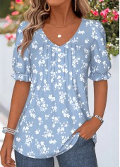 Light Blue Ditsy Floral Print Curved Hem T Shirt