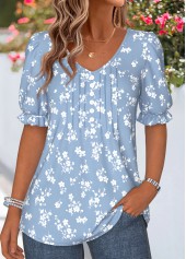 Light Blue Ditsy Floral Print Curved Hem T Shirt | thumb picture 