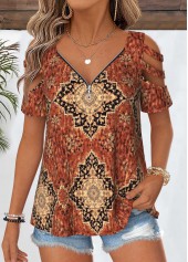 Dark Coffee Tribal Print Curved Hem T Shirt