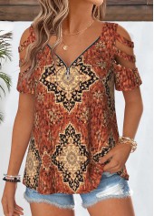 Dark Coffee Tribal Print Curved Hem T Shirt | thumb picture 