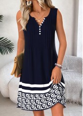 Navy Geometric Print Short Tuck Stitch Sleeveless Dress