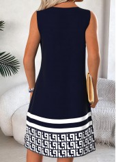 Navy Geometric Print Short Tuck Stitch Sleeveless Dress | thumb picture 