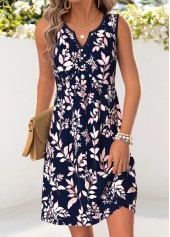 Navy Leaf Print Short Tummy Coverage Sleeveless Dress
