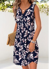 Navy Leaf Print Short Tummy Coverage Sleeveless Dress | thumb picture 
