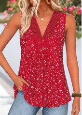 Red Polka Dot Shirred Sleeveless V Neck Tank Top